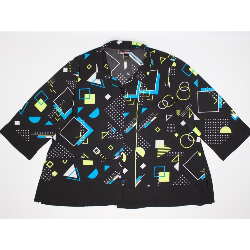 Ali Miles Plus Size 1X 80s 90s Style Black Geometric Blouse Top Artsy Whimsical